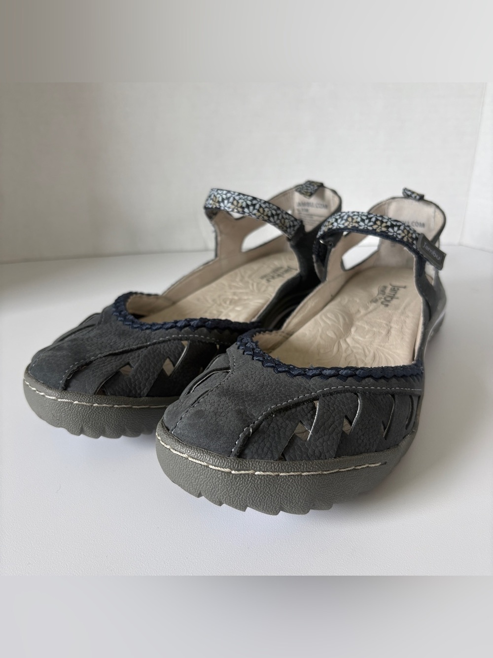 Jambu Memory‎ Foam Gray Mary Jane Flats with Floral Strap